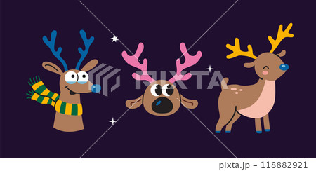 Cool Christmas deers set, bright colors, modern style. Trendy vector illustration isolated on white background, hand drawn, flat design 118882921