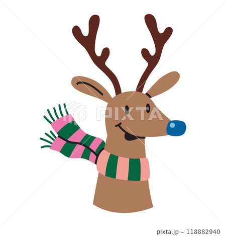 Cute Christmas deer with striped scarf. Trendy modern vector illustration isolated on white background, hand drawn, flat design 118882940