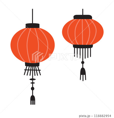 Hanging red Chinese lantern. Vector illustration isolated on white background, hand drawn, flat design 118882954