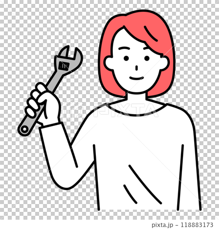 Casual woman holding an adjustable wrench 118883173