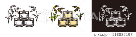 日本酒(酒樽)と稲のイラスト。日本文化のベクターアイコン。シンプルなデザイン。 日本酒(酒樽)と稲のイラスト。日本文化のベクターアイコン。シンプルなデザイン。 118883197