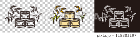 清酒（清酒桶）和米的插圖。日本文化向量圖示。簡單的設計。 118883197