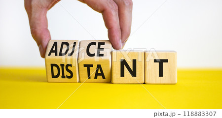 Adjacent or distant symbol. Businessman turns beautiful wooden cubes and changes word Distant to Adjacent. Beautiful yellow table white background. Copy space. Business adjacent or distant concept. 118883307