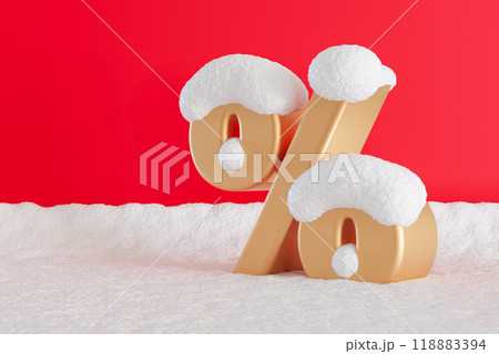 Golden percent sign covered in snow, placed on snowy surface with red background. Winter theme, perfect for promoting seasonal discounts, holiday or Christmas sales in retail or online stores. 3D. Golden percent sign covered in snow, placed on snowy surface with red background. Winter theme, perfect for promoting seasonal discounts, holiday or Christmas sales in retail or online stores. 3D. 118883394