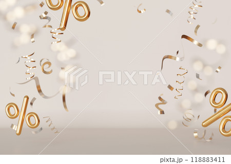 Golden percent signs and curly ribbons floating on beige background, creating festive and celebratory mood. Promotions, discounts, special offers in marketing, advertising. Copy space. 3D render. 118883411