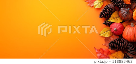 Autumn leaves, pine cones, and pumpkins on an orange background, perfect for seasonal themes with copy space 118883462