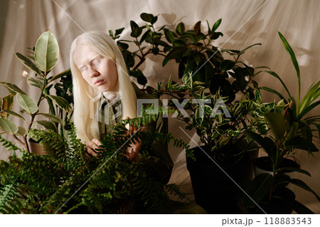 Unusual young woman with albinism sitting in studio decorated with beige fabrics and green houseplants Unusual young woman with albinism sitting in studio decorated with beige fabrics and green houseplants 118883543