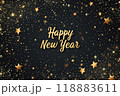 Happy New Year celebration phrase with gold stars and decorations on dark background. Generative AI 118883611