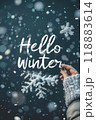 Hand writing Hello Winter with snowflakes falling in a winter vertical setting. Generative AI 118883614