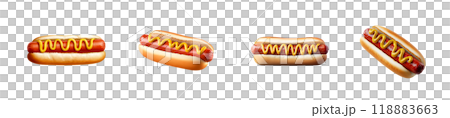 Four classic hot dogs, each topped with a squiggle of mustard, are shown in various orientations, isolated on a transparent background. 118883663