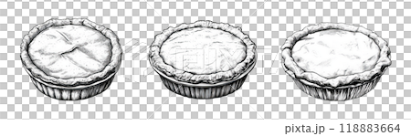 Three hand-drawn illustrations of pies, each with a unique crust and filling, are isolated on a transparent background. 118883664