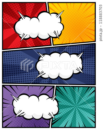 comic speech bubbles in white clouds on a vibrant pop art background flat design 118883703