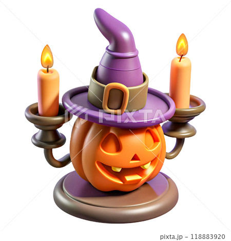 Whimsical Halloween Pumpkin Candleholder with Witch Hat and Candles 118883920