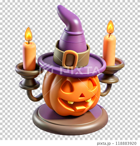 Whimsical Halloween Pumpkin Candleholder with Witch Hat and Candles 118883920