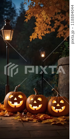 Decorative Halloween pumpkins with carved faces, autumn leaves, and a lantern 118884044