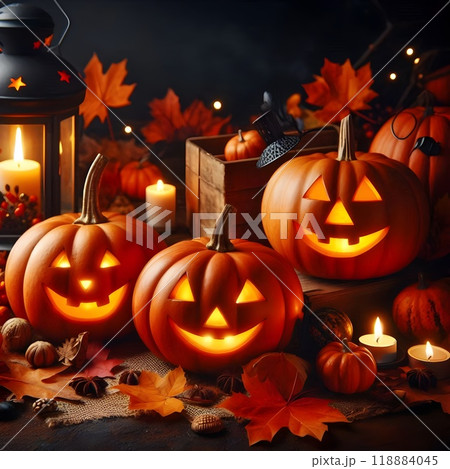 Decorative Halloween pumpkins with carved faces, autumn leaves, and a lantern Decorative Halloween pumpkins with carved faces, autumn leaves, and a lantern 118884045