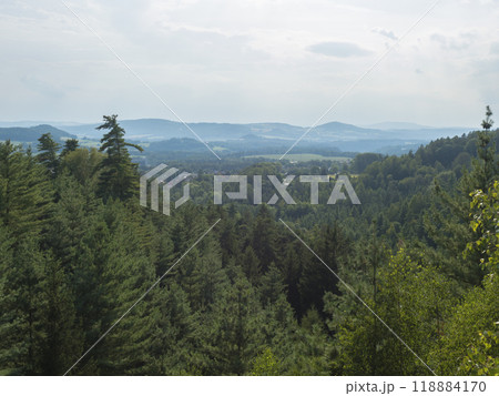 Panoramic view from sandstone rock viewpoint Ponorka, submarine at the top of 3 sandstone towers near Ceska Kamenice town. Summer landscape in Lusatian Mountains, green hills,oak and pine tree forest. 118884170