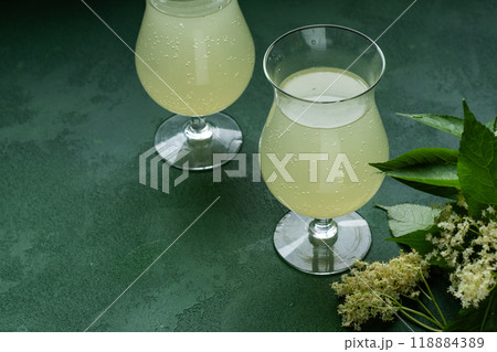 Carbonated elderflower drink. Flower summer kvass in glasses 118884389