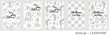 Set of Cards or posters with cute hand drawn Halloween illustrations and greetings Set of Cards or posters with cute hand drawn Halloween illustrations and greetings 118884400