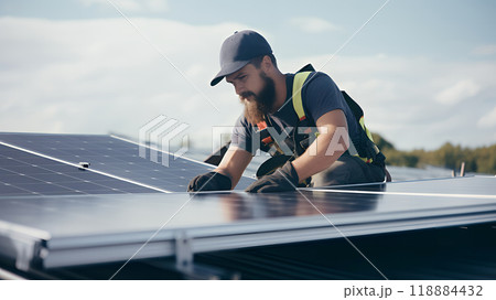 A technician in uniform is installing a new solar panels on the roof of a building. Sustainable energy and sustainable development. Renewable energy. 118884432