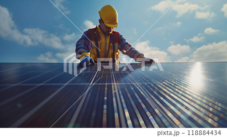 A man in work clothes and protective gear is installing new ecological solar panels. Sustainable energy and sustainable development. 118884434