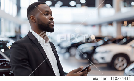 Elegant african american salesman using smartphone at car showroom. Professional sales person working in modern car dealership. Modern technology. 118884436