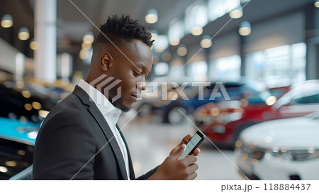 African american seller using smartphone at car showroom. Professional salesperson working in modern car dealership. Modern technology in dealership. 118884437