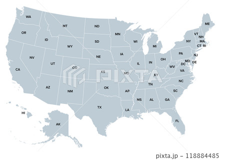 The United States of America, gray political map. Map with the silhouettes of fifty states and postal abbreviations, and with the federal District of Columbia, as it is used for statistics. Vector. 118884485