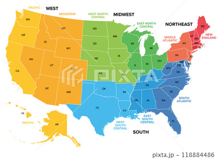 United States of America, Census regions and divisions, colored political map. Map of the USA with four main regions, nine divisions, fifty states and the District of Columbia. Isolated illustration. United States of America, Census regions and divisions, colored political map. Map of the USA with four main regions, nine divisions, fifty states and the District of Columbia. Isolated illustration. 118884486