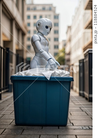 A robot next to a garbage container on a city street. robot cleaner A robot next to a garbage container on a city street. robot cleaner 118884524