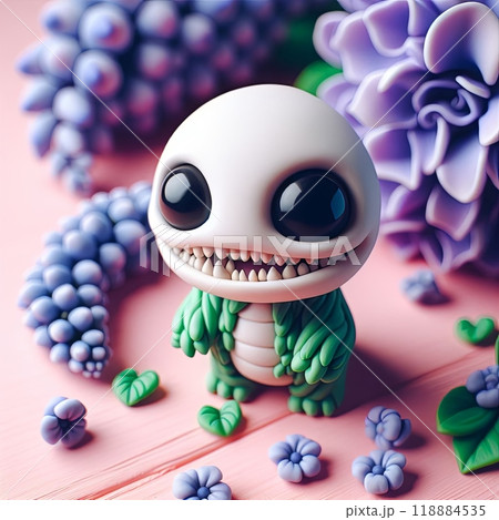 A Vertebrate toy sits on pink table near Purple flowers 118884535