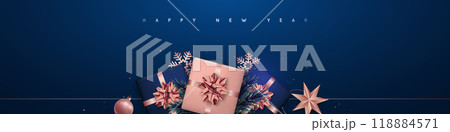 Festive New Year greeting with rose gold decorations 118884571