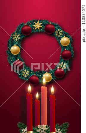 Festive wreath with candles on red background Festive wreath with candles on red background 118884573