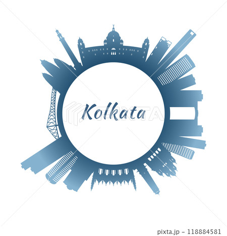 Circular Kolkata skyline silhouette with landmarks Circular Kolkata skyline silhouette with landmarks 118884581