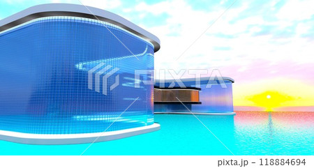 The facade of a futuristic building made of blue glass blocks. A mesmerizing blue lake at sunrise. 3D rendering. The facade of a futuristic building made of blue glass blocks. A mesmerizing blue lake at sunrise. 3D rendering. 118884694