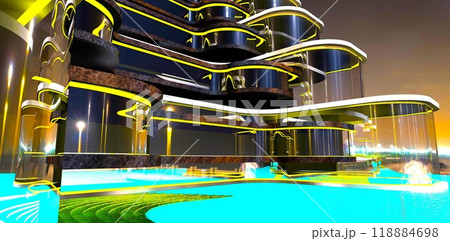 Yellow LED lighting illuminating elements of the curved glass exterior of a luxury hotel at night. 3D rendering. 118884698