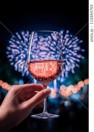 A person is holding a wine glass with a red liquid in it 118884768