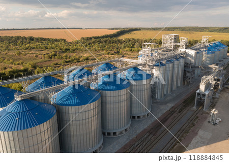 Aerial View of Grain Silos in Rural Landscape Aerial View of Grain Silos in Rural Landscape 118884845