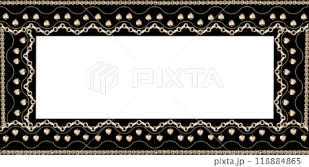 Rectangular frame with geometric openwork pattern of gold chains on black. Isolated watercolor illustration for design, magazines, web pages, jewelry blogs, sales, pawn shops 118884865