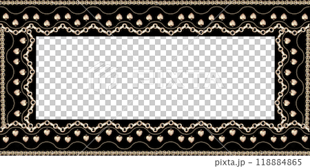 Rectangular frame with geometric openwork pattern of gold chains on black. Isolated watercolor illustration for design, magazines, web pages, jewelry blogs, sales, pawn shops 118884865
