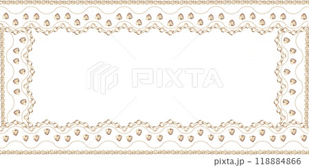 Rectangular frame with geometric openwork pattern of gold chains. Isolated watercolor illustration for design, magazines, web pages, jewelry blogs, sales, pawn shops 118884866