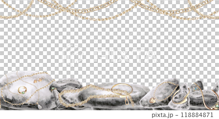 Rectangular frame of stones and gold hanging jewelry. Isolated watercolor illustration for design, magazines, web pages, jewelry blogs, sales, pawn shops Rectangular frame of stones and gold hanging jewelry. Isolated watercolor illustration for design, magazines, web pages, jewelry blogs, sales, pawn shops 118884871