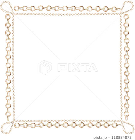 Square frame with different size gold chains in realistic style. Isolated watercolor illustration for scarf design, magazines, web pages, jewelry blogs, fairs and sales Square frame with different size gold chains in realistic style. Isolated watercolor illustration for scarf design, magazines, web pages, jewelry blogs, fairs and sales 118884872