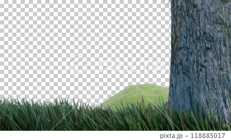 nature grass meadow land lush greenery landscape lawn isolated background. meadow green hill plant beautiful spring mountain park environment 3d render. grass plant field summer travel outdoor. 118885017