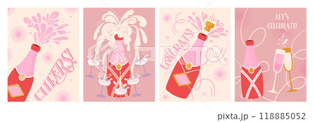 Set of poster with champagne. Champagne toast. Postcard for party, celebration new Year, merry christmas, birthday, Set of poster with champagne. Champagne toast. Postcard for party, celebration new Year, merry christmas, birthday, 118885052
