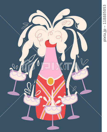Illustration of champagne. Bottle champagne and champagne glasses. Popping champagne. Celebrate event. Illustration of champagne. Bottle champagne and champagne glasses. Popping champagne. Celebrate event. 118885053