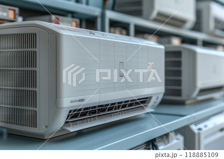 A row of modern air conditioners on a shelf in the store, isolated on a blue background 118885109