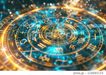 Blue and gold glowing astrology chart with zodiac symbols on a black background 118885133