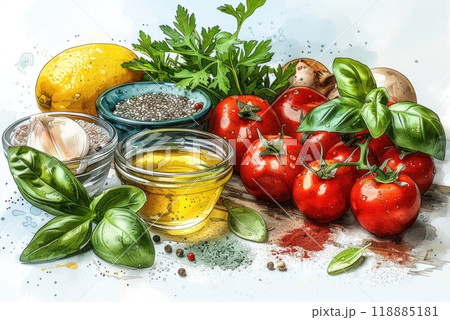 Fresh ingredients for home cooking tomatoes, garlic, lemon, basil, olive oil, pepper. 118885181