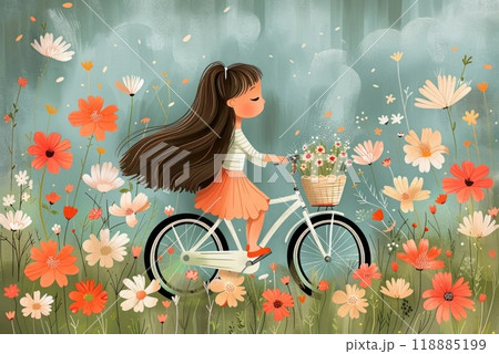 Young Girl Riding Vintage Bicycle Through Colorful Field of Flowers on a Sunny Day 118885199